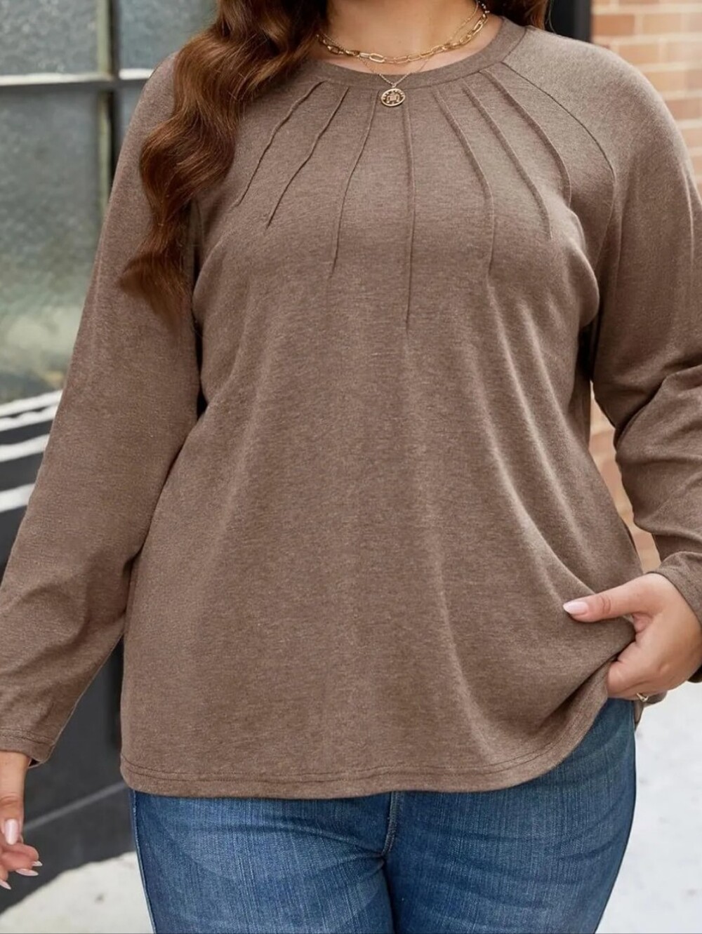 UEU 3XL Ash Brown T-shirt Women's Plus Size Long Sleeve Stretch Soft